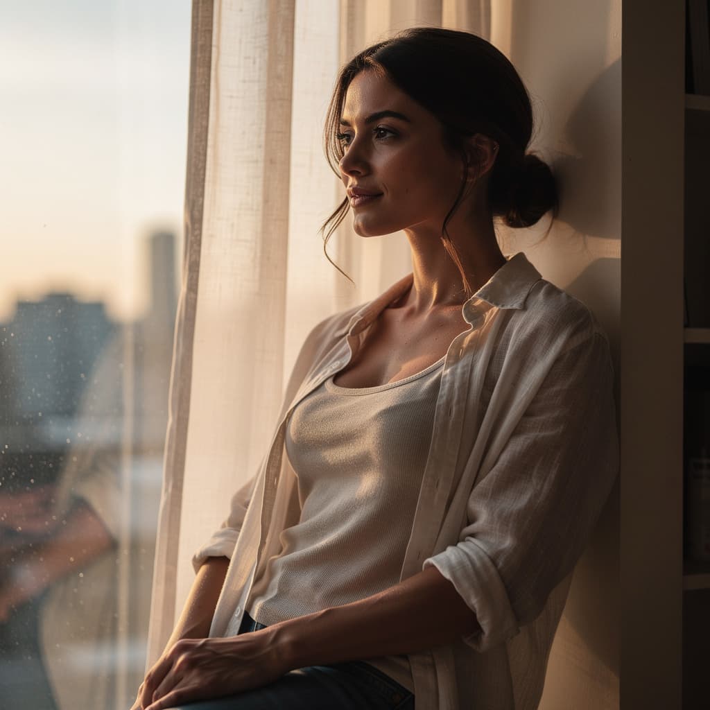 AI generated: A woman leans by a tall window as morning light pours over an athletic hourglass frame and relaxed p...