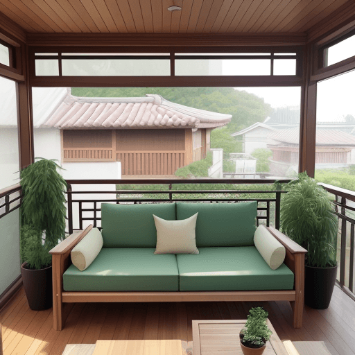 AI generated: The rectangular family balcony is decorated with wooden boards of various colors, creating a modern ...