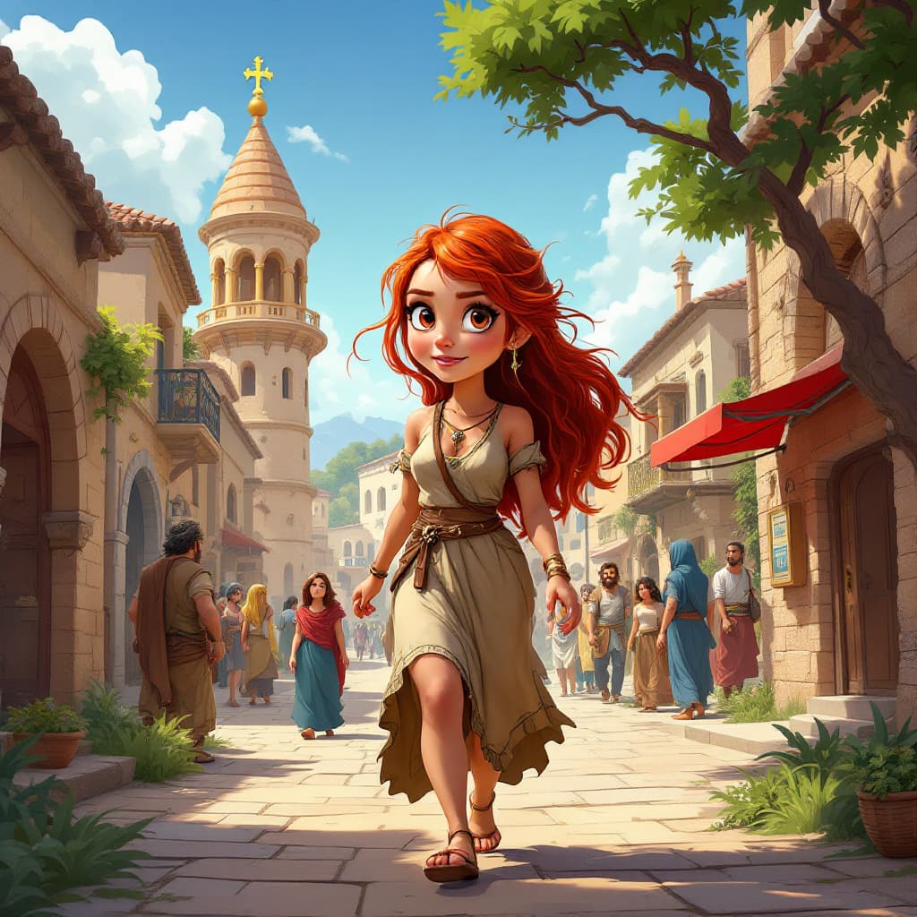 AI generated: cuerpo completo de pie a cabeza, Ester: Una joven hermosa y valiente, con cabello rojo hasta el homb...