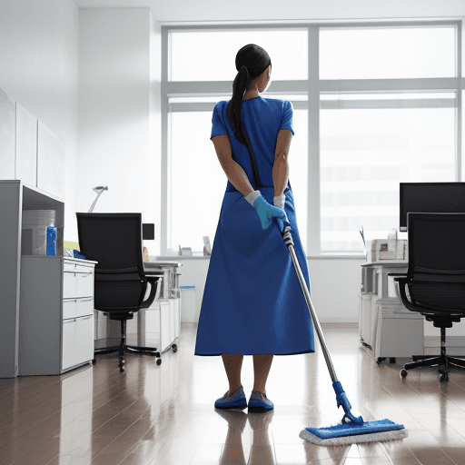 AI generated: Create Photo of a cleaning woman, in an office environment, cleaning the floor with a blue mop. 