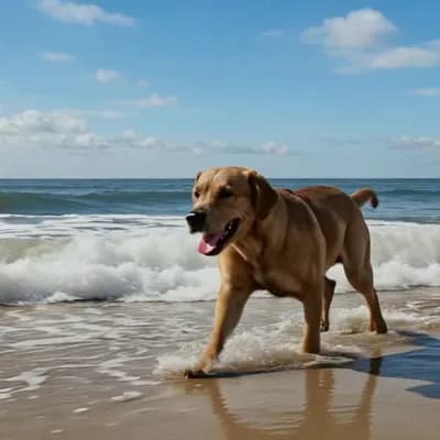 AI generated video: labrador marrone che gioca al mare
