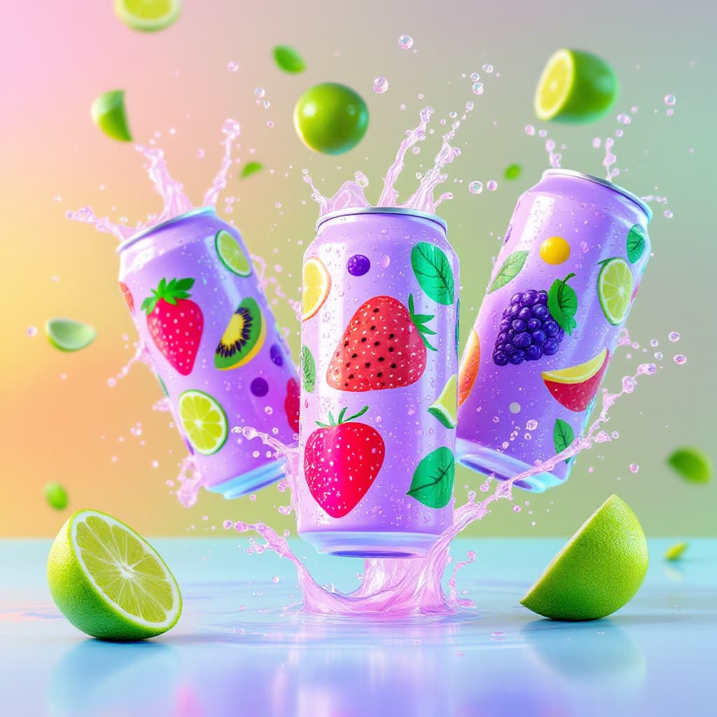 AI generated: three refreshingly cold cans positioned against a pastel purple red and green sunset gradient backgr...