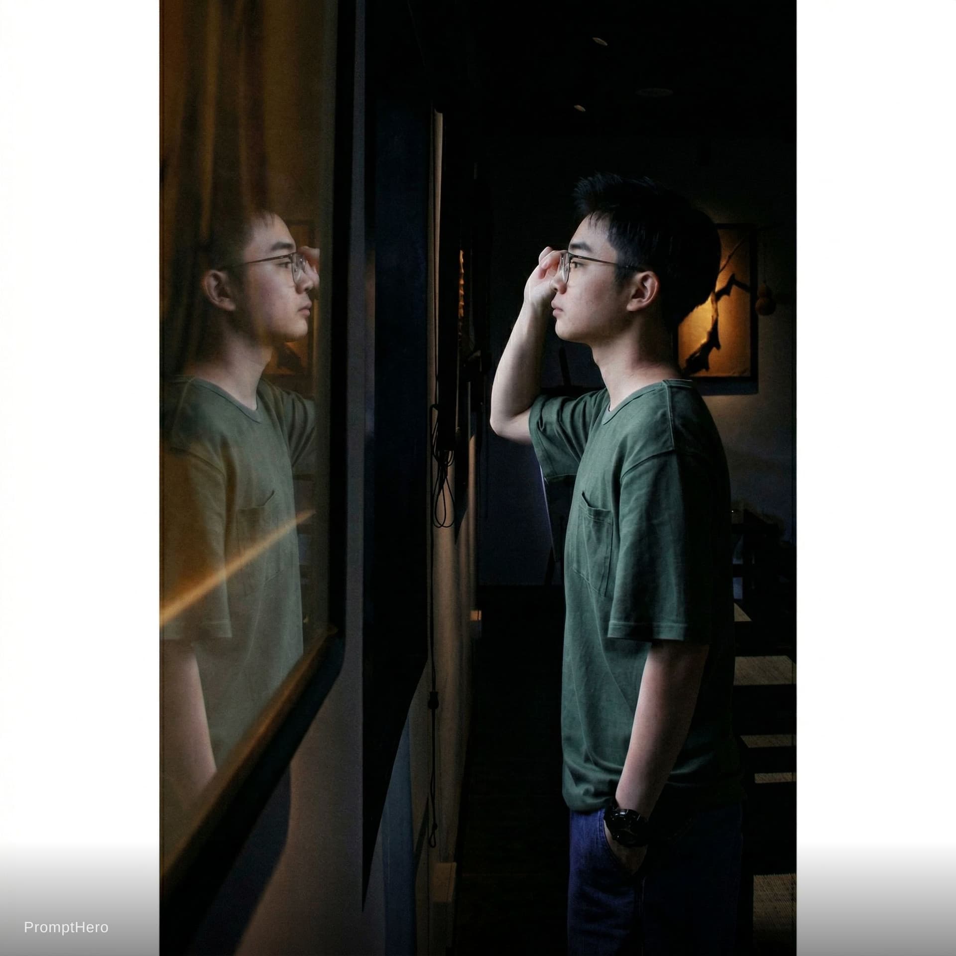AI generated: Core Scene & Composition:
A young man looking at his own reflection in a window at night, cinematic ...