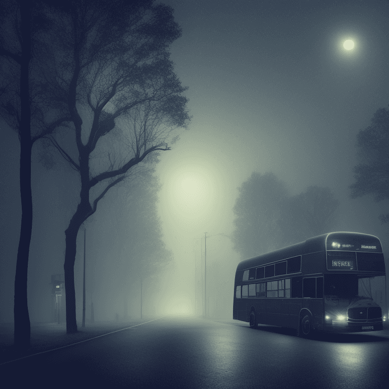 AI generated: side view of a long and dim lit strange bus at a distance, intricate details, in the middle of the n...