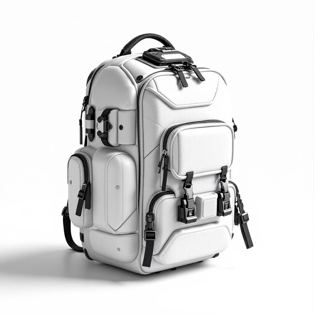 AI generated: fullview hardcase capsule shape white backpack urban stormtrooper, clean product design render on wh...