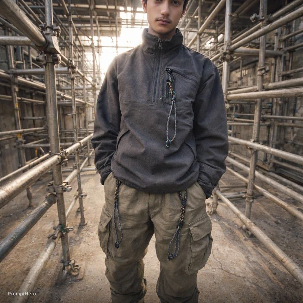 AI generated: photorealistic, wide angle, toe to head composition, distorted, street style of fashion, man model, ...