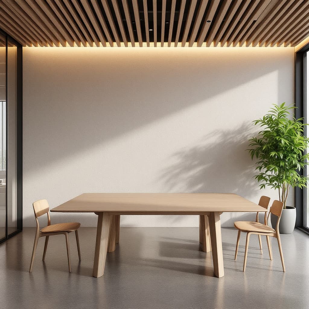 AI generated: colourful photorealism, modern minimalist office meeting room interior featuring sleek wooden furnit...