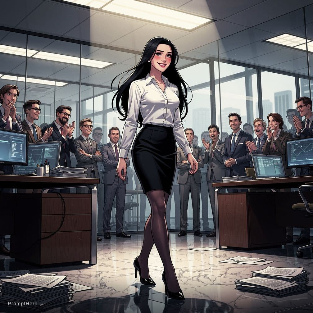 AI generated: In a bustling modern office with sleek glass walls and polished wooden desks cluttered with papers a...