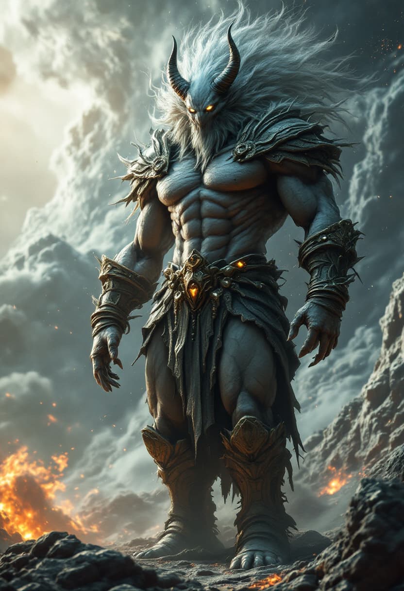 AI generated: God of Gases, full-body, Etherial, muscular, No mouth or hair, Glowing grey eyes, epic, cinematic, 8...