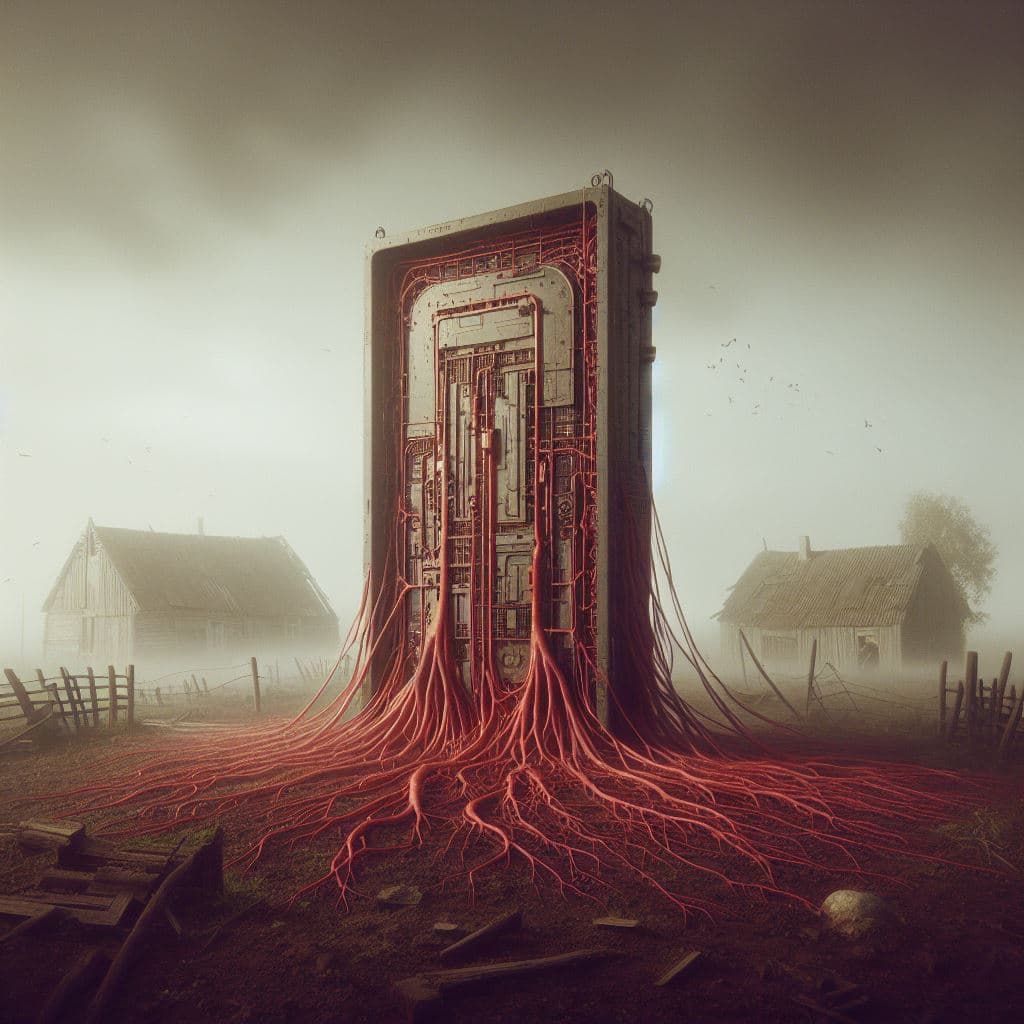 AI generated: Hyperrealistic Polaroid photo of a biomechanical gate in the style of Zdzisław Beksiński. The scene ...