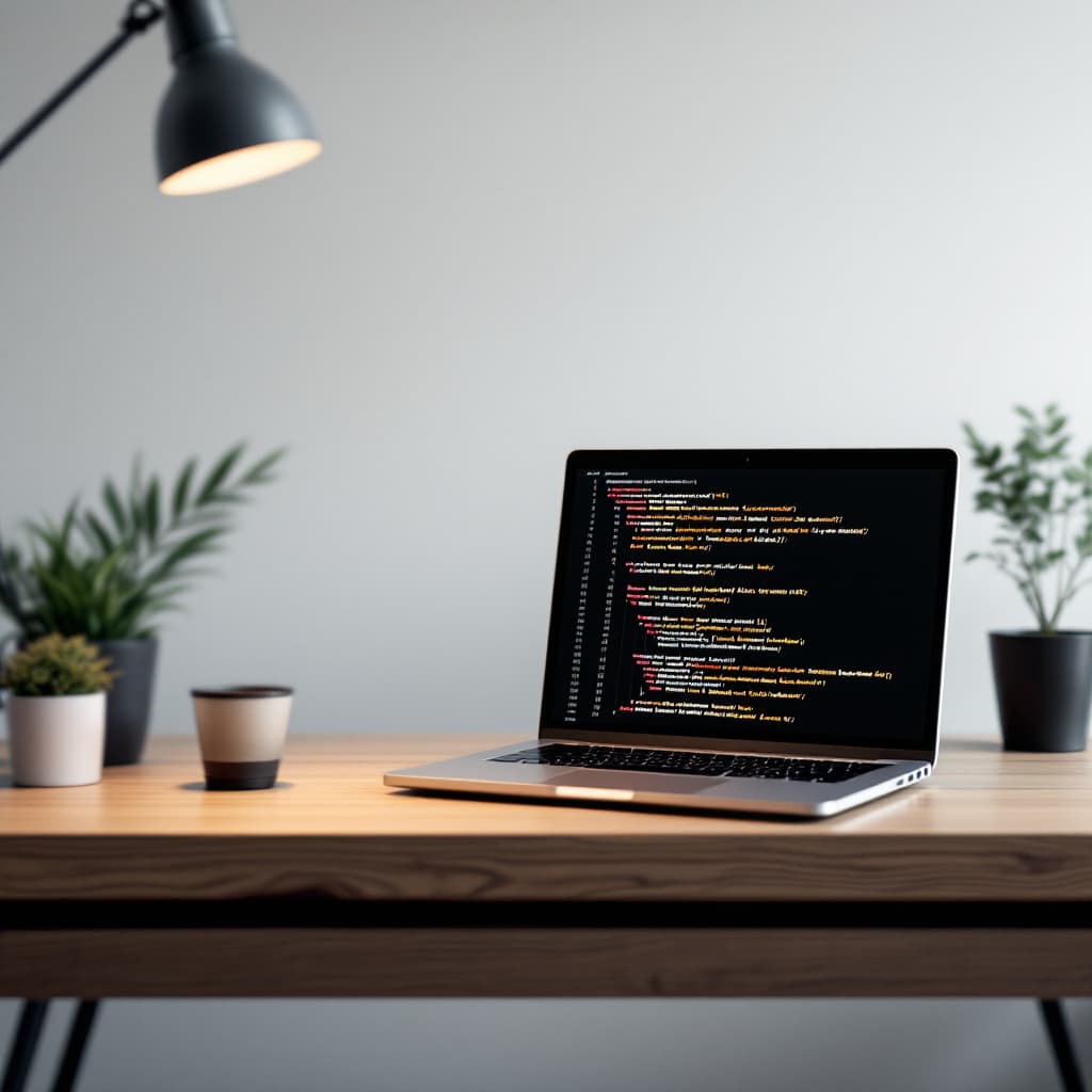 AI generated: A professional and minimalist office setup for a software developer's LinkedIn cover image. The scen...