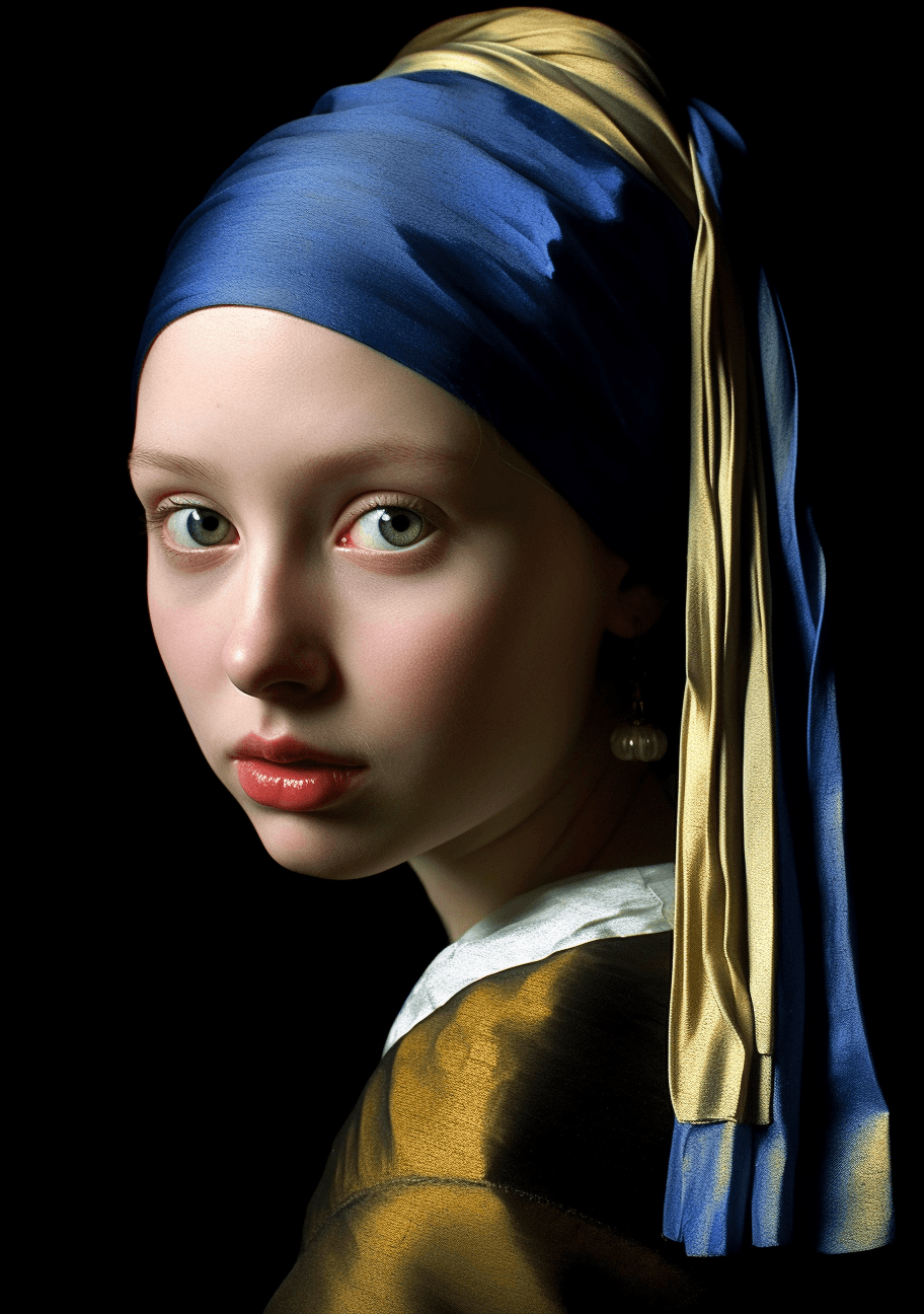 AI generated: girl with pearl earring painting by Vermeer, in the style of appropriation artist, strong facial exp...