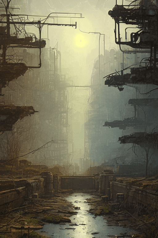 AI generated: rocky overgrown river canal in ruined apocalyptic sci-fi city, temples, sci-fi military ship,  flore...