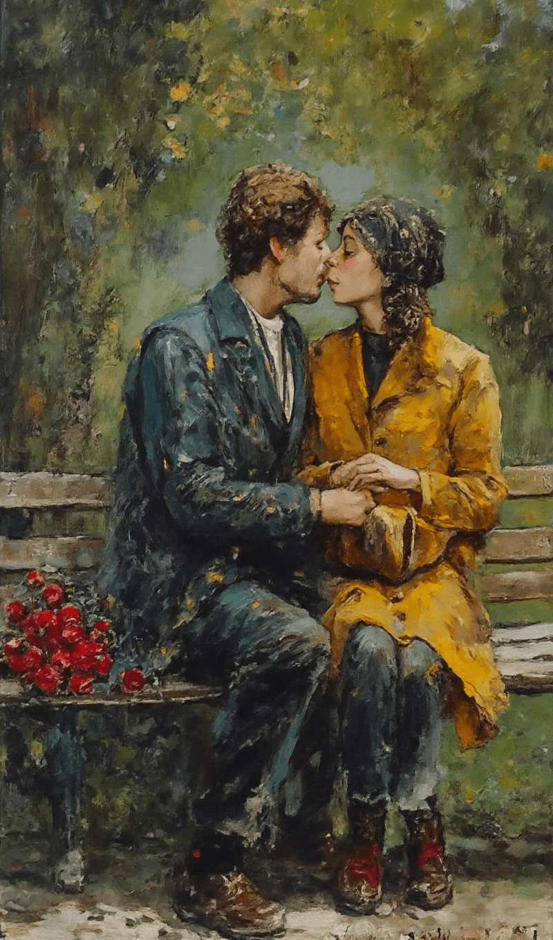 AI generated: Oil painting on canvas of a couple in love sitting on a park bench in everyday clothes. A bouquet of...