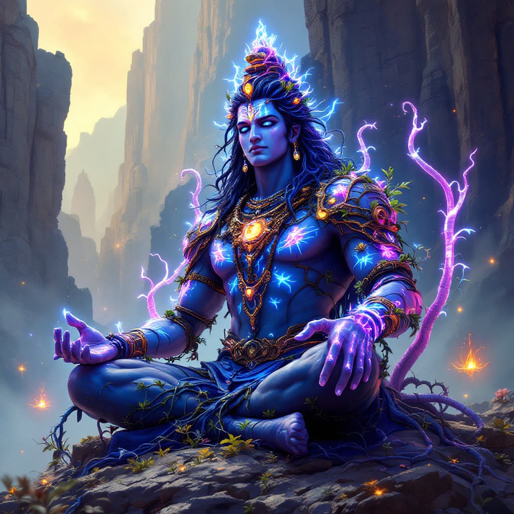 AI generated: image of a lord shiva and krishna animation character in the style of Enki Bilal , Holographic and t...
