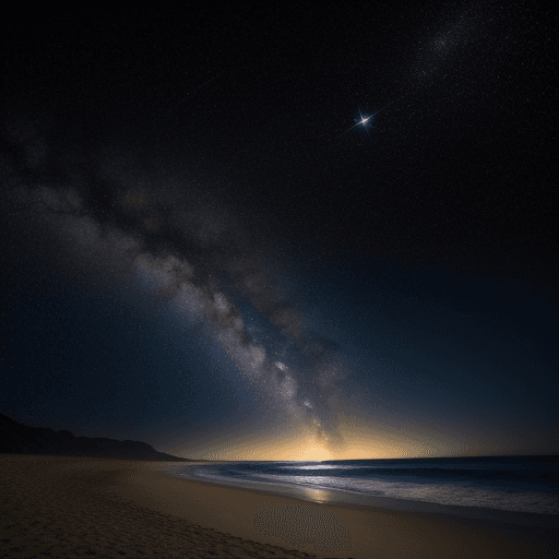 AI generated: La imagen de la vía láctea, al fondo planetas estrellas, vista desde la playa de un planeta lejano.