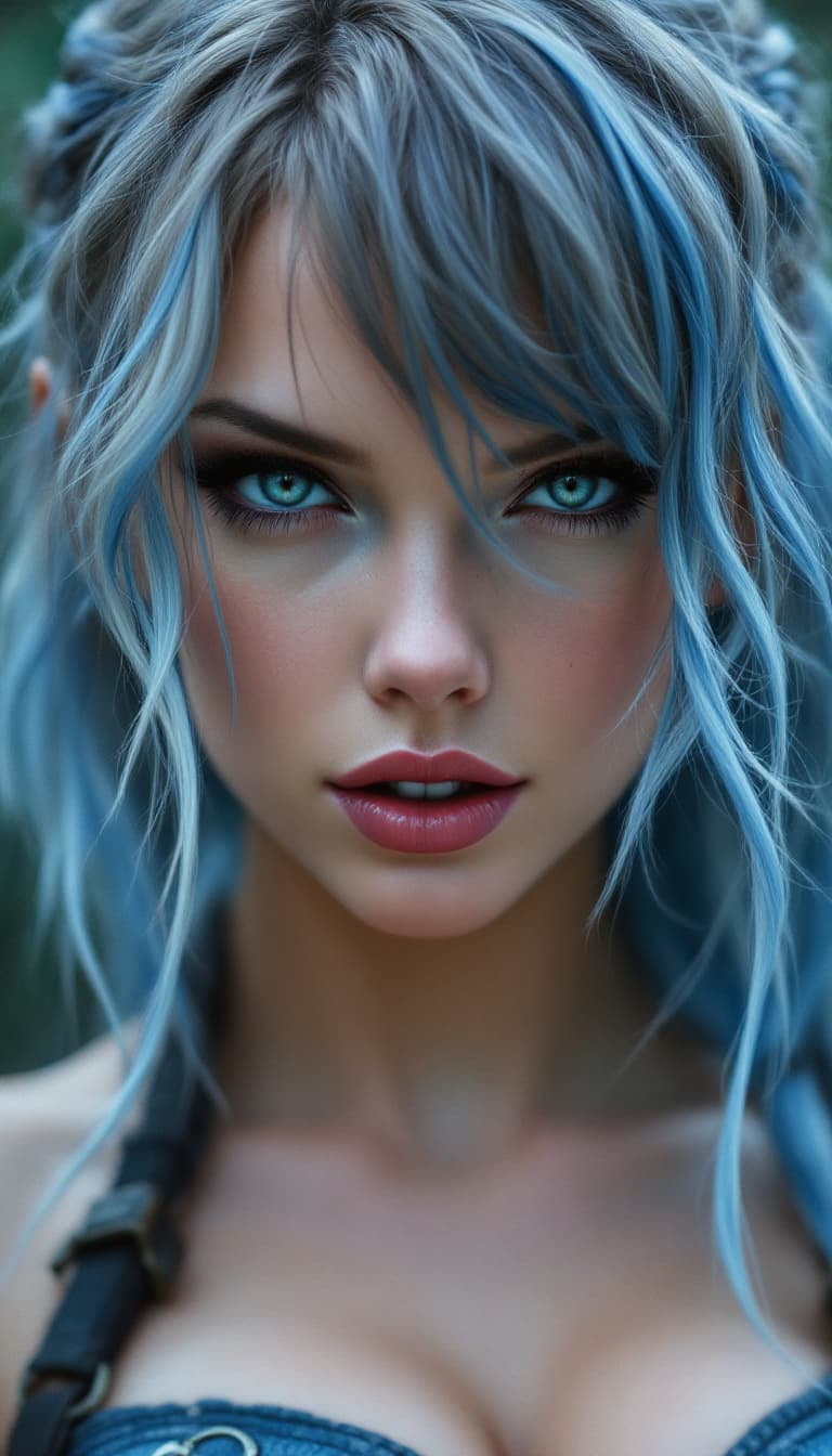 AI generated: Close-up view of Taylor Swift, long flowing blue and white hair, blue and black Lara Croft outfit,fu...