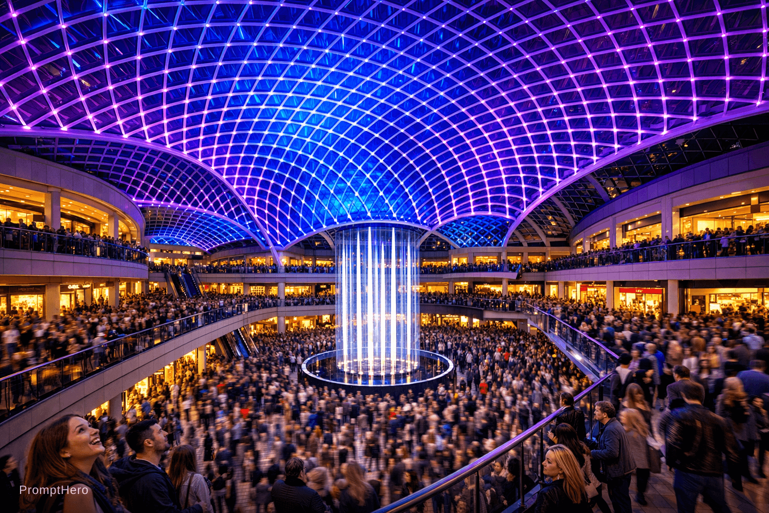 AI generated: A wide elevated interior shot of Trinity Leeds shopping centre at its most crowded, the vast glass b...