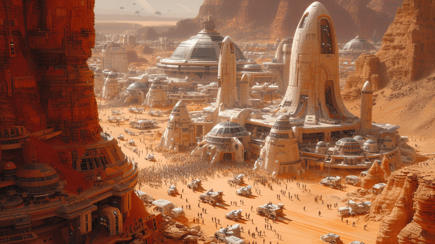 AI generated: a futuristic colony on Mars, a big city build in Arcology style, Busy traffic of futuristic ground a...