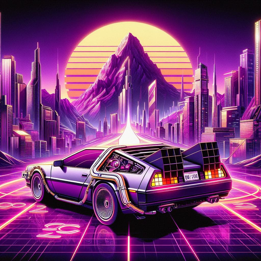 AI generated: Retro wave. city,delorean dmc-12 , wide kit, road, purple neon lights, sun, mountain, (masterpiece, ...