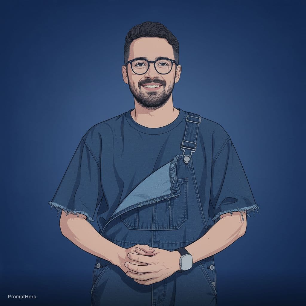 AI generated: a man wearing overalls poses for the camera, in the style of shige's visual aesthetic style, wavy, d...