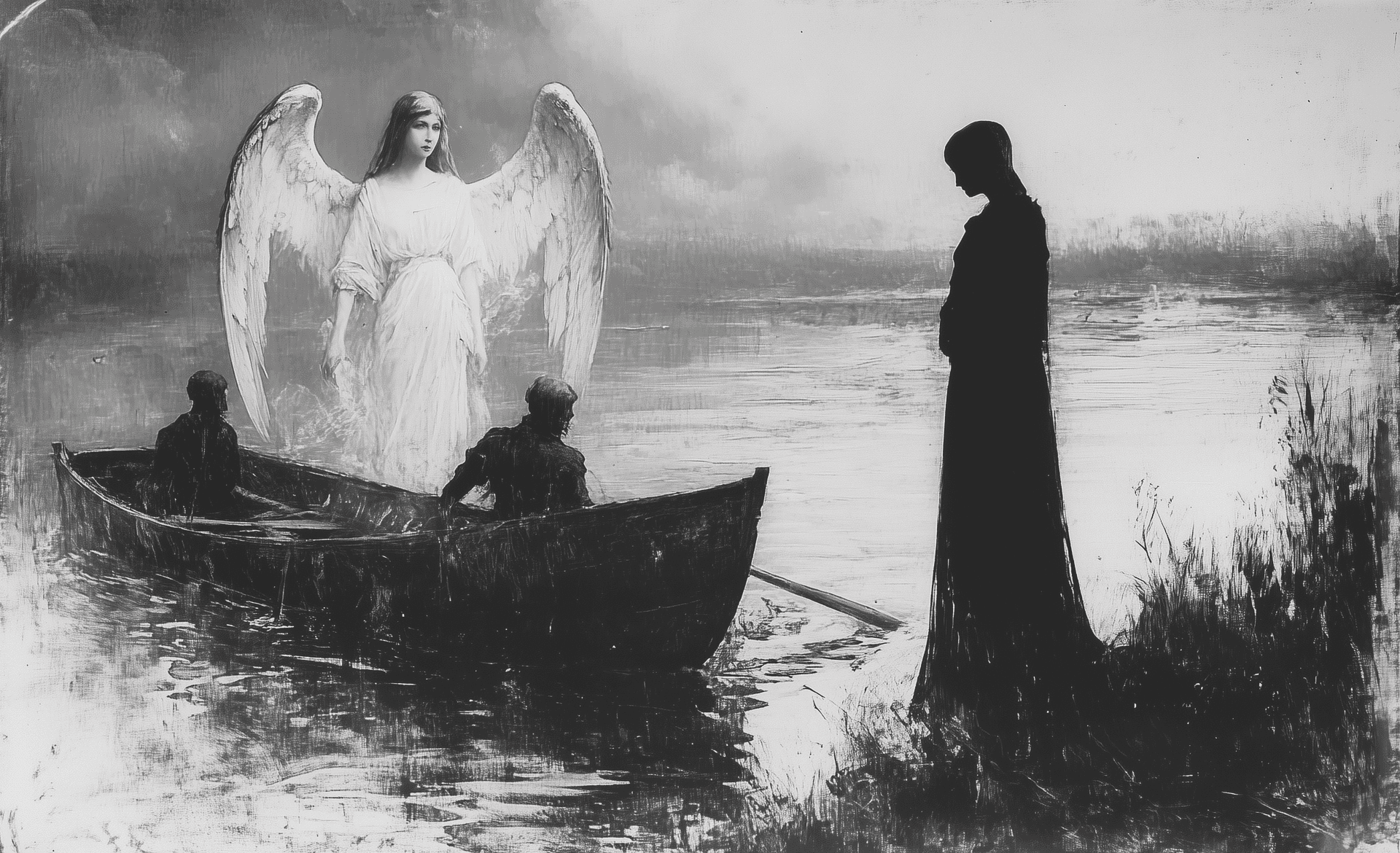 AI generated: An old black and white illustration of an angel in the water next to a rowboat with two men. A Victo...