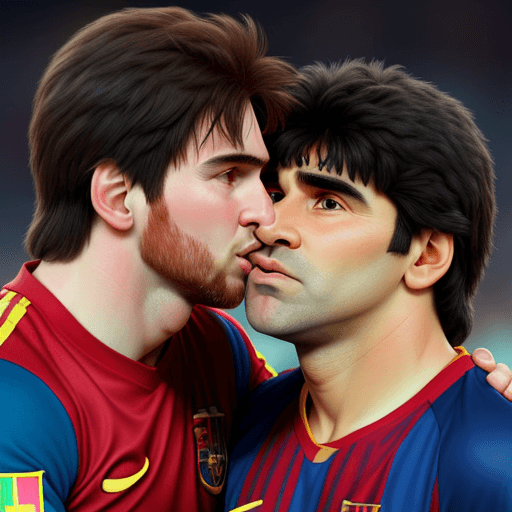 AI generated: Leo Messi and Diego Maradona Kiss, 
disney character, 
photo realistic