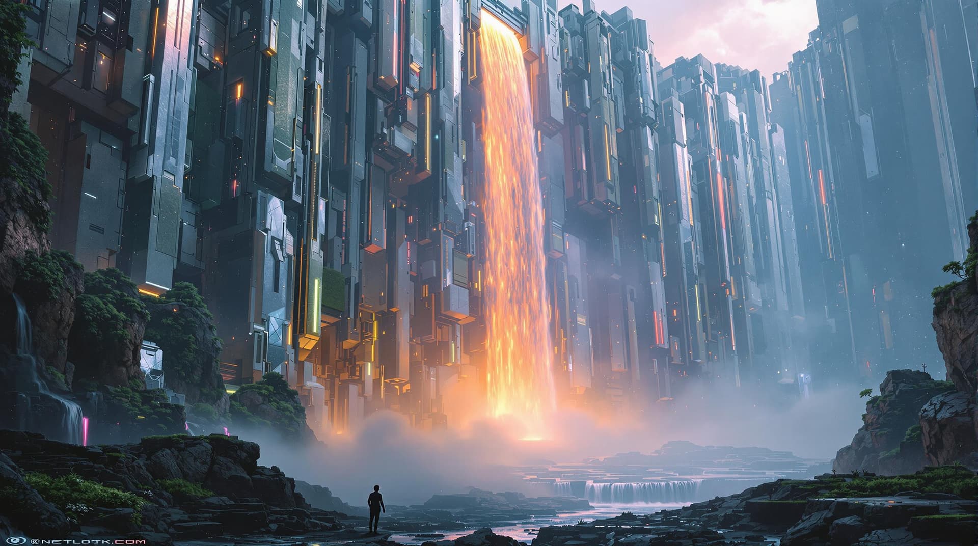AI generated:  sci-fi futurist man made giant architectural single waterfall