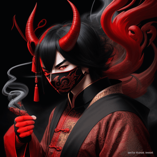 AI generated: Masked Chinese Persian figure, new key visual, album cover art, in the style of knudsen, demon, red ...
