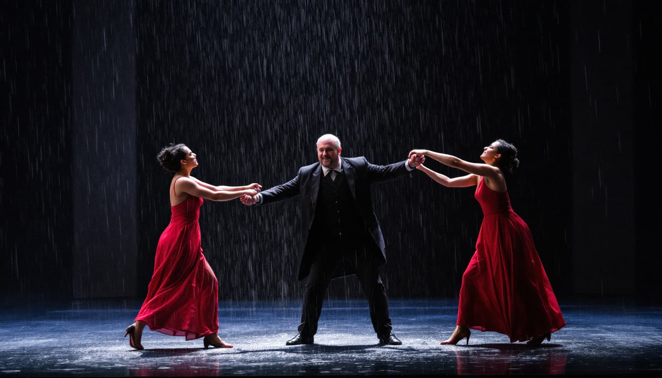 AI generated: A MAN IS STANDING, HUGO IS BEING PULLED BY HIS HANDS BY TWO WOMEN IN RED DRESSES. IT'S RAINING