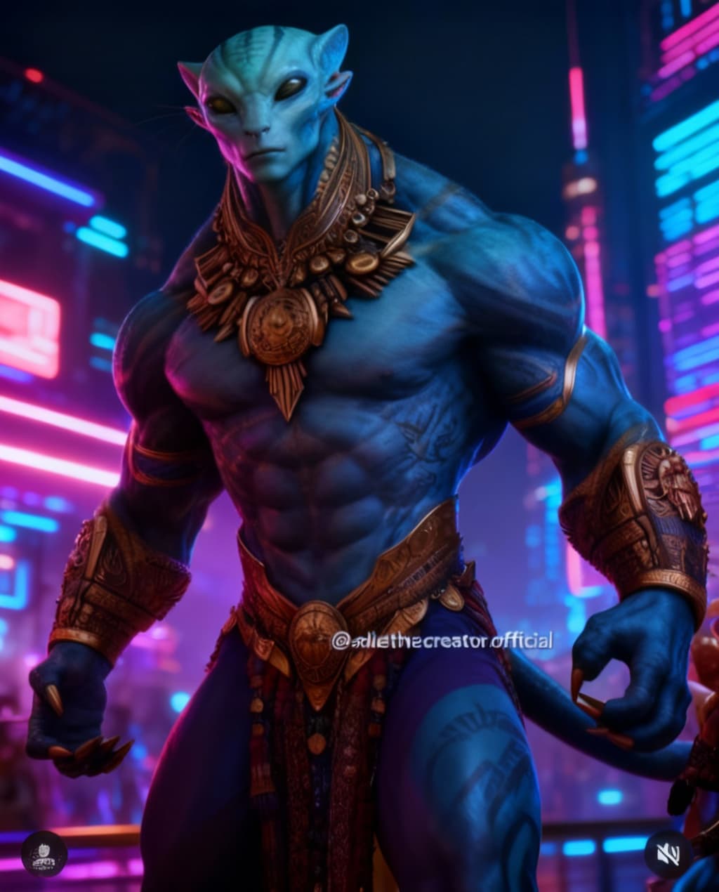 AI generated: Blend anthropomorphic to create a new anthropomorphic, feline alien hybrid. Give a futuristic Nightl...