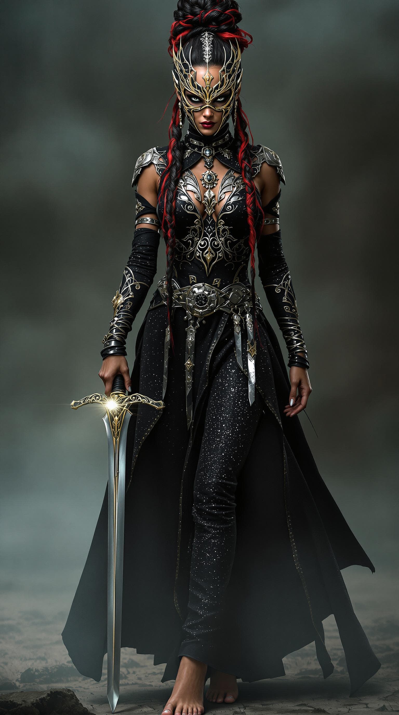 AI generated: Full-length portrait of a fierce female warrior with intense, striking eyes, wearing an elaborate bl...