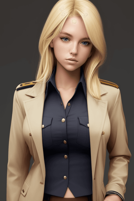 AI generated: A  blonde female unbuttoning her uniform jacket while  