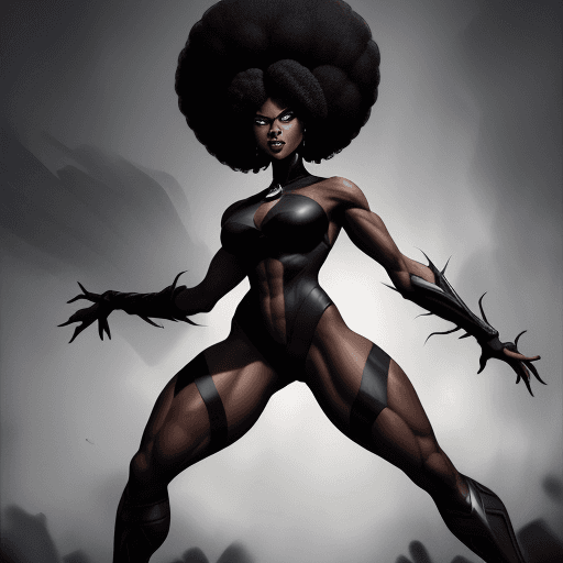 AI generated: a 6 foot tall fit black girl  with abs and an afro,  hairstyle, wearing a dark villainess costume , ...