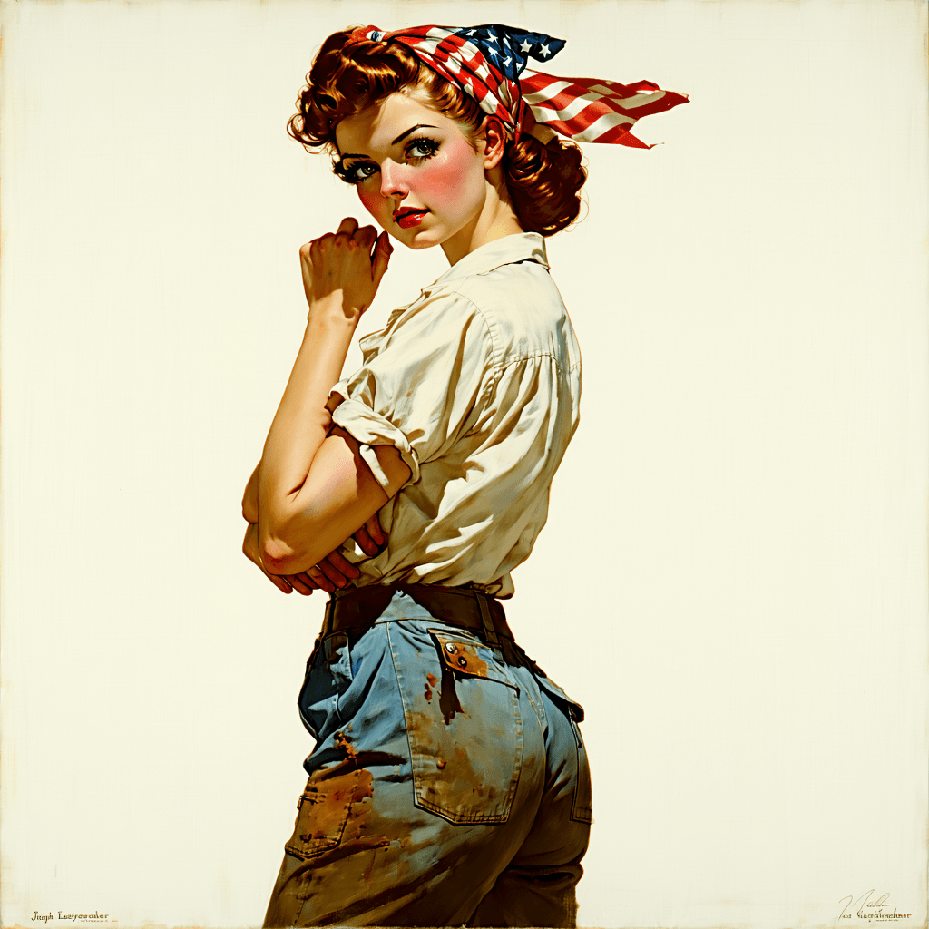 AI generated: Cover art quality illustration by ((Joseph Christian Leyendecker)), a Rosie the Riveter, 3/4 shot, f...
