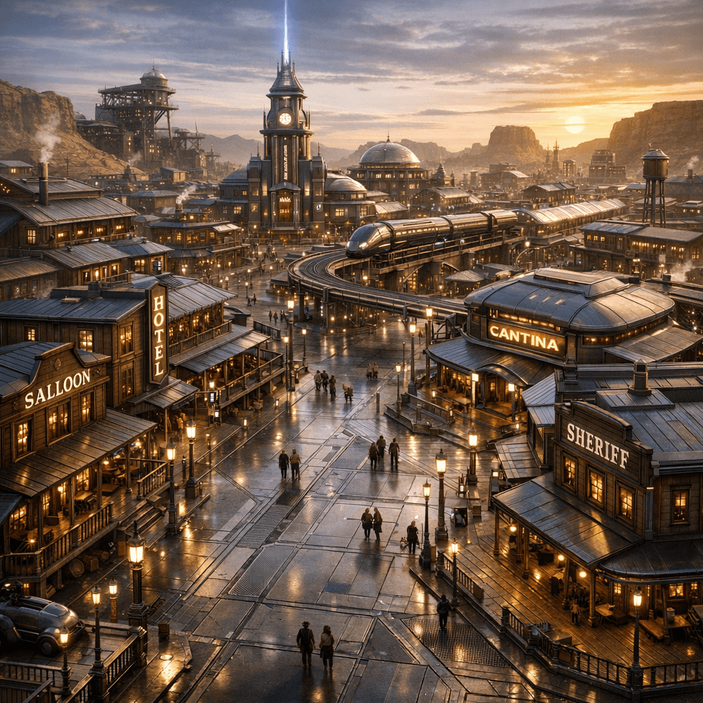 AI generated: Display an aerial view of a sleek, futuristic Old American Western City, a reminder of the rough ter...