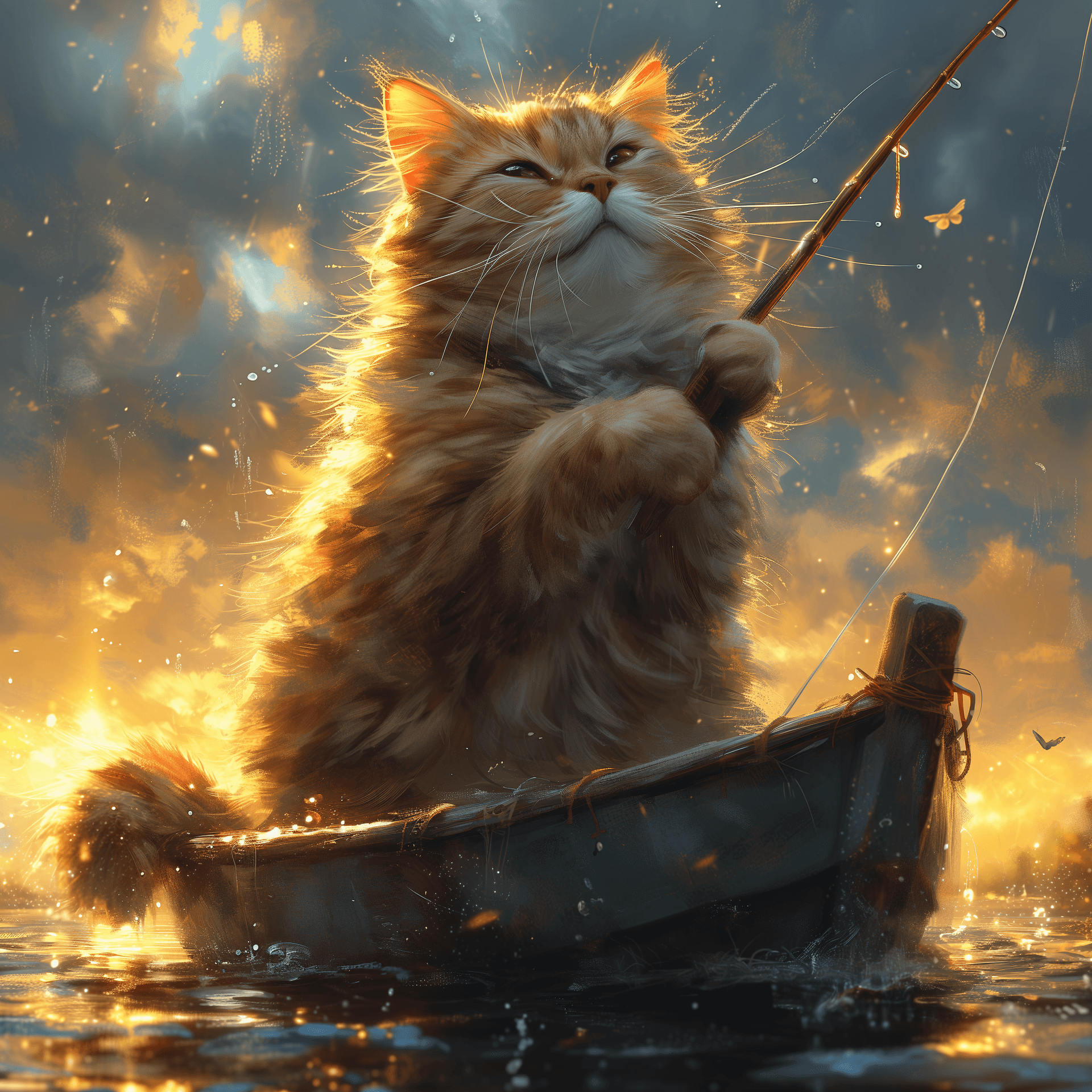 AI generated: a cat fishing in a small boat, happy, in the style of dreamlike realism, cinematic light, dark sky-b...