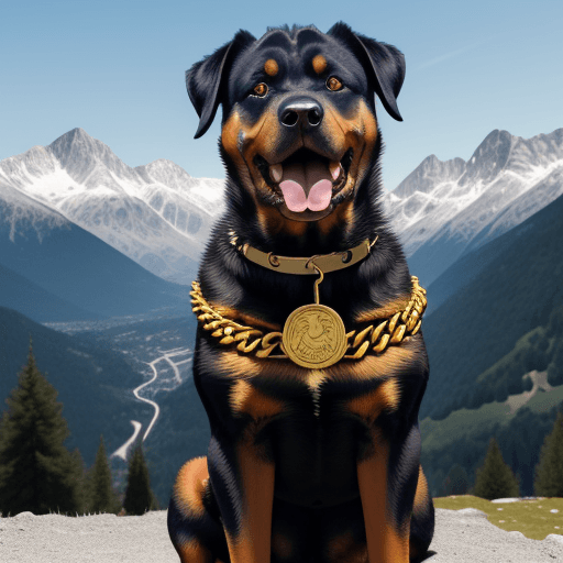 AI generated: Photo of dog of breed Rottweiler, with open mouth, with tail, with golden chain on neck, on backgrou...