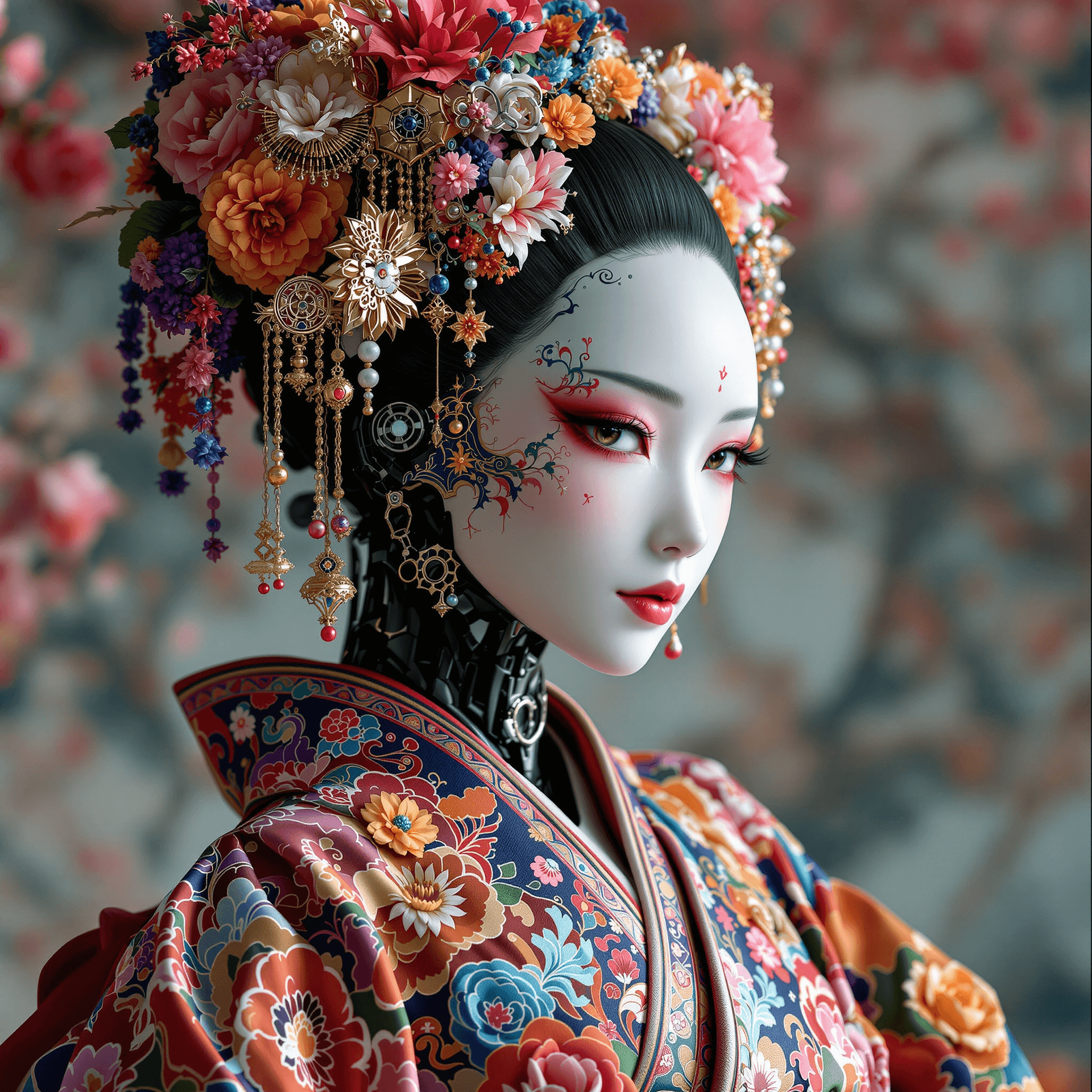 AI generated: A cyberpunk humanoid robot geisha, adorned in a vibrant and intricately detailed floral kimono, embr...