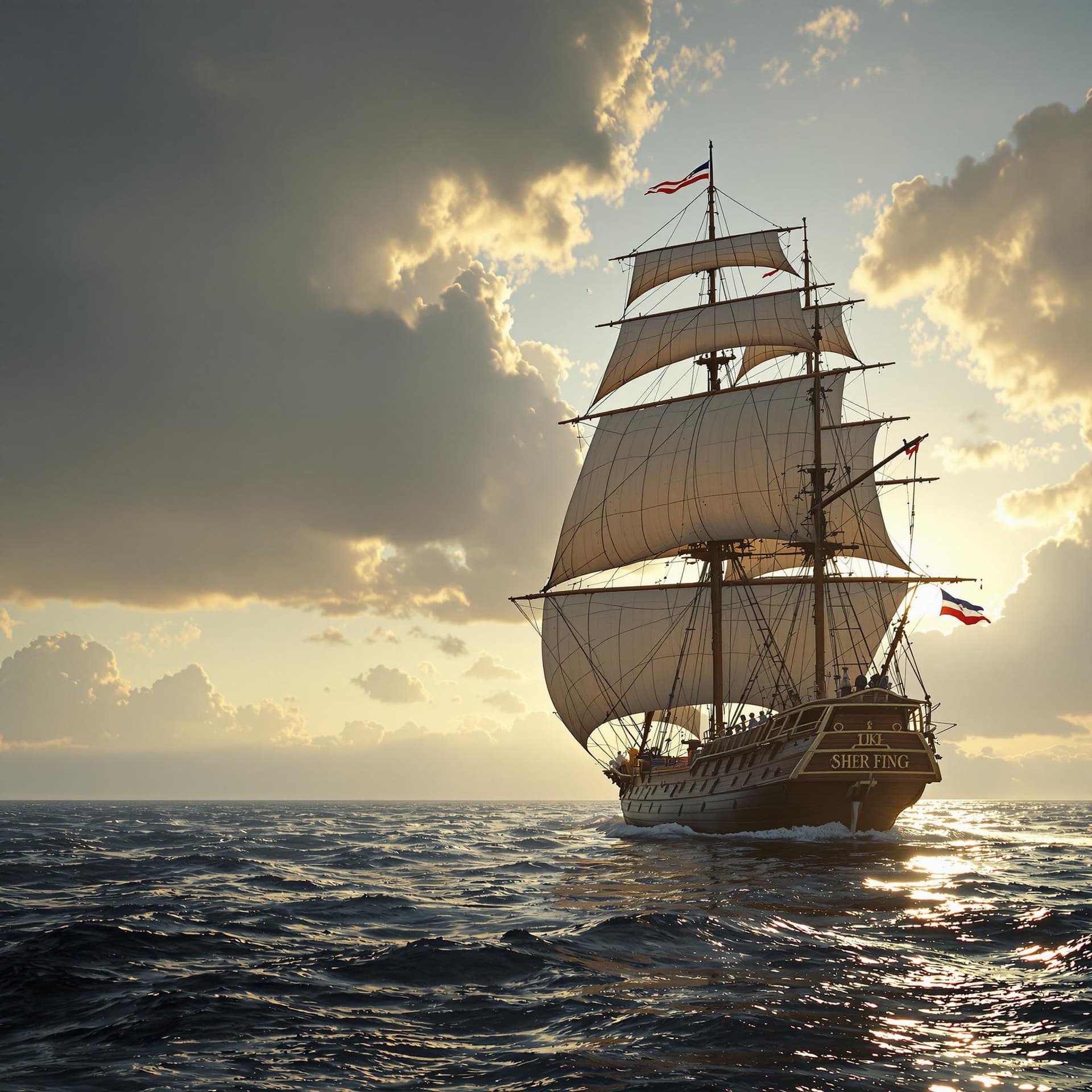 AI generated: Photo of a ultra realistic sailing ship, dramatic light, pale sunrise, cinematic lighting, battered,...