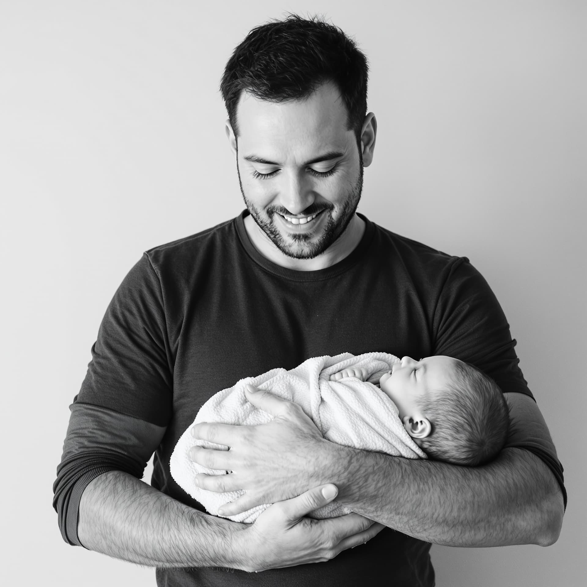 AI generated: "Grayscale photo of a father holding newborn, with only the baby blanket in color – soft blue or pin...