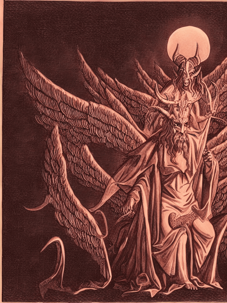 AI generated:  A mysterious demonic/angelic apostle figure, with horns and  huge demon wings sitting on a throne, ...