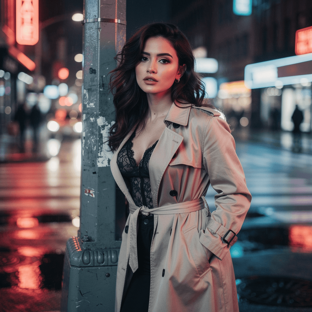 AI generated: A striking brunette with long, tousled waves cascading over her shoulders and a curvy, hourglass fig...