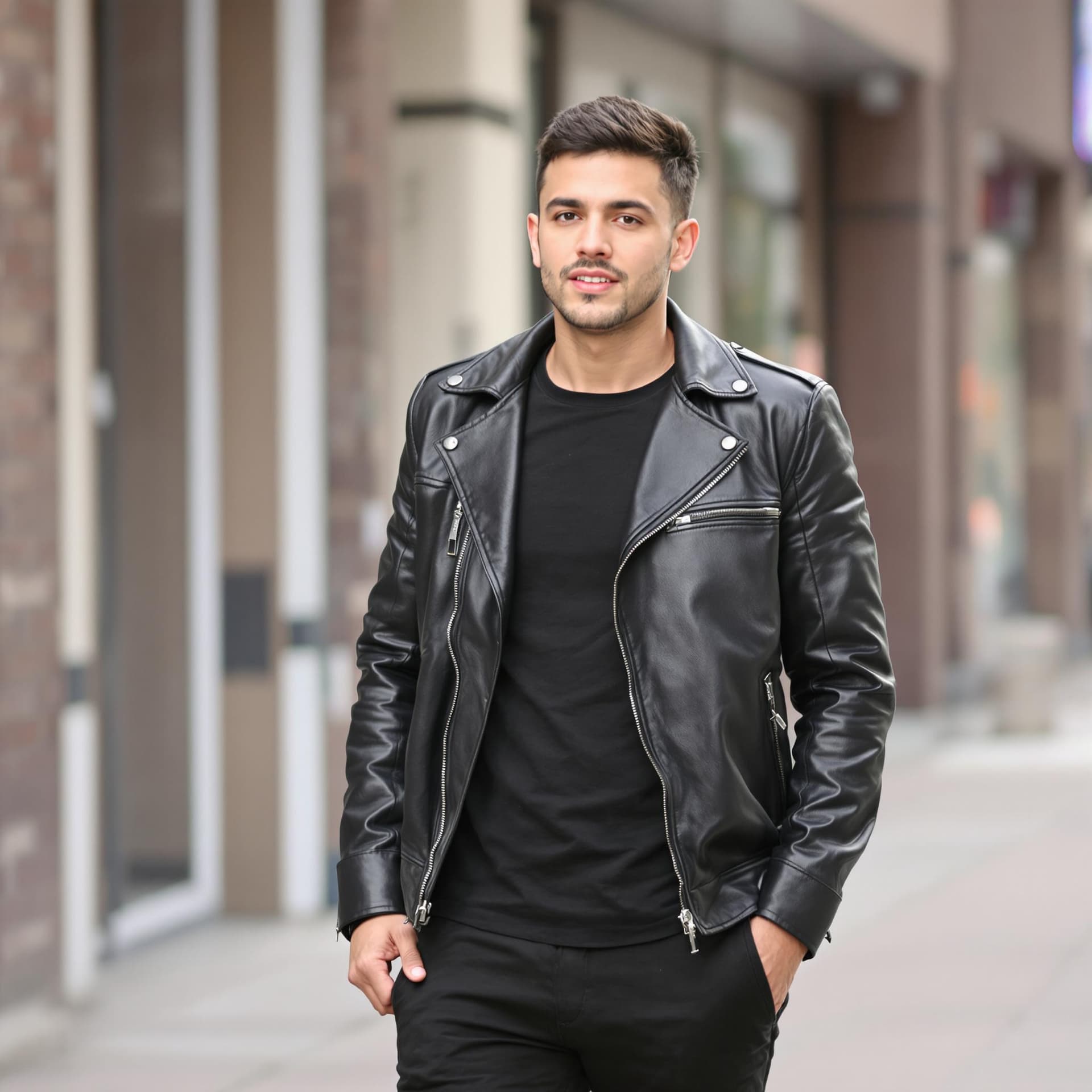 AI generated: A 30-year-old man in a sleek black leather jacket, paired with a matching black t-shirt and pants, s...