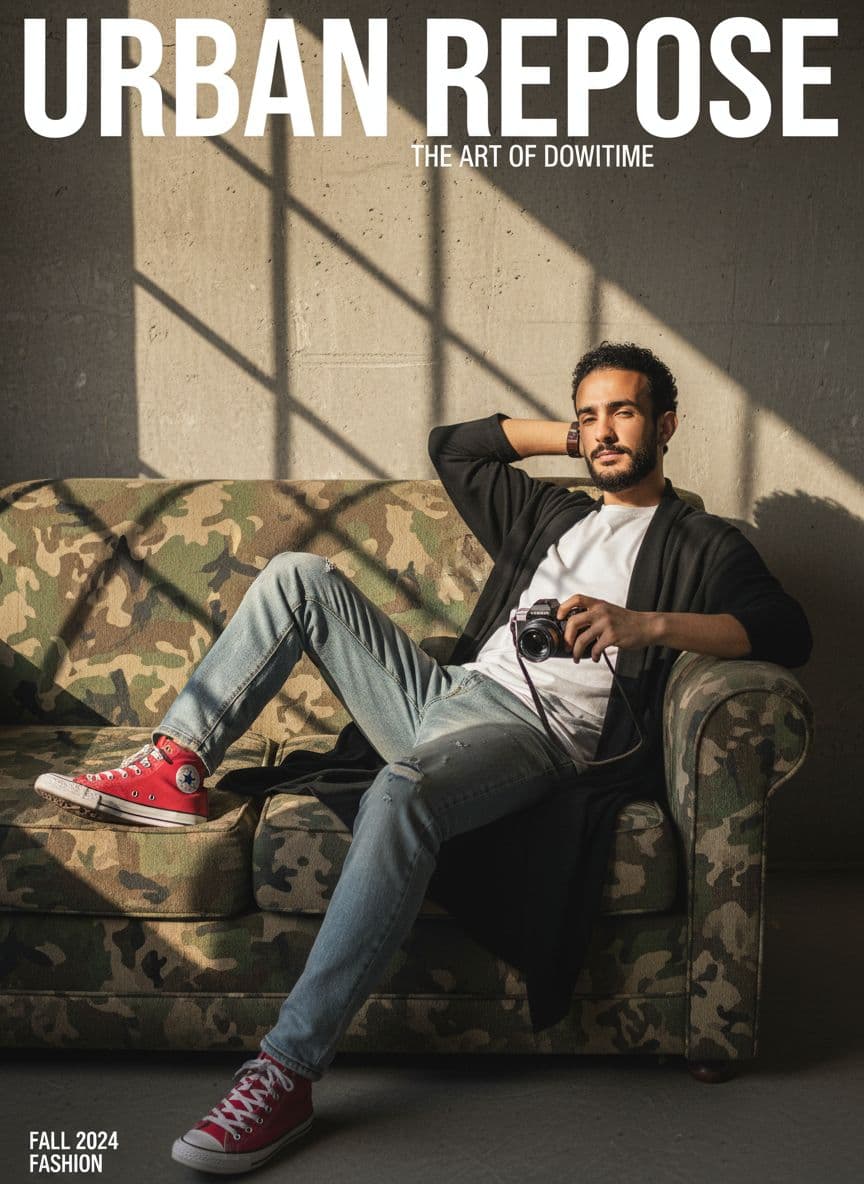 AI generated: photography, magazine cover, tilt shot, male model lounging on a worn camouflage sofa, casually dres...
