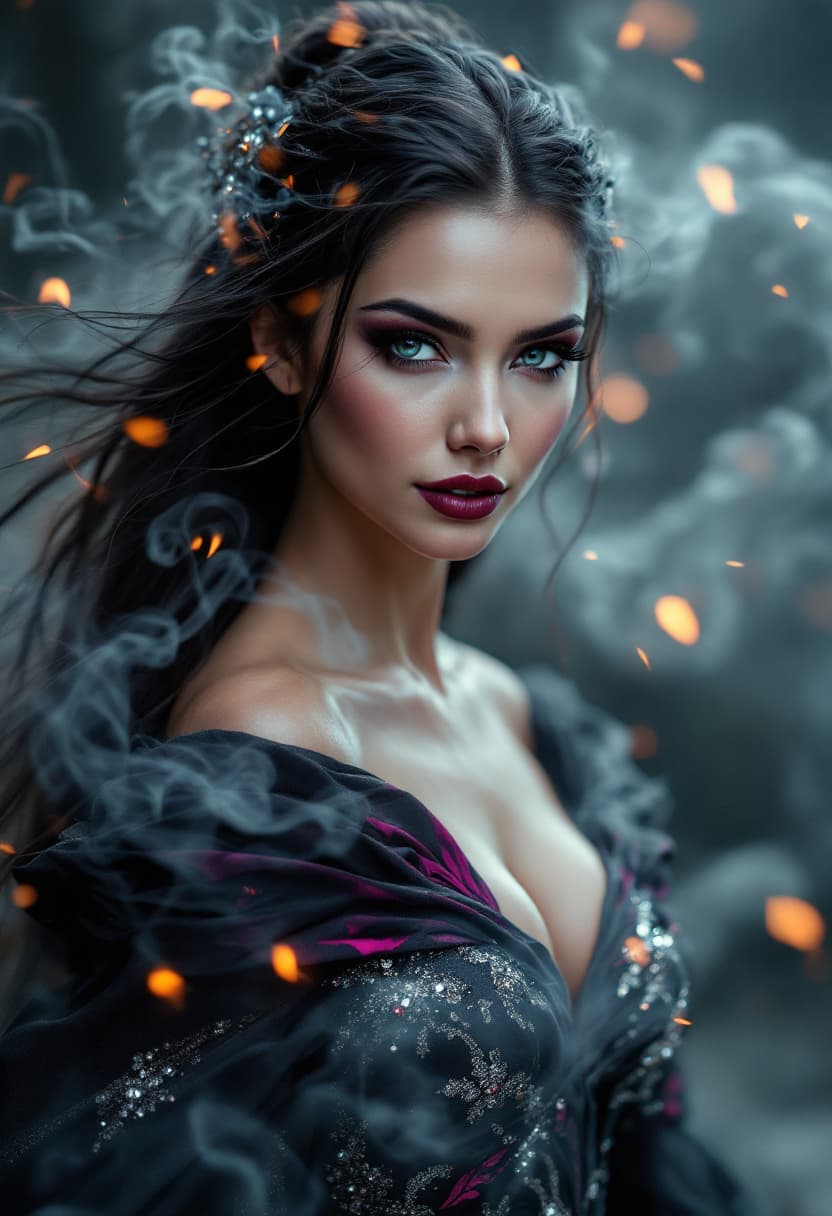 AI generated: In the center of the frame stands a sultry divine element, her skin aglow with ethereal light, her e...
