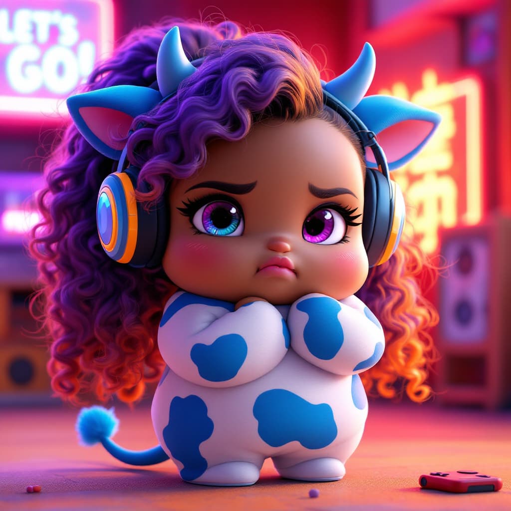 AI generated: chubby, Dark skin, dark skin anime girl, blue cow print, blue thick cow tail,  blue cow ears, 30s, C...
