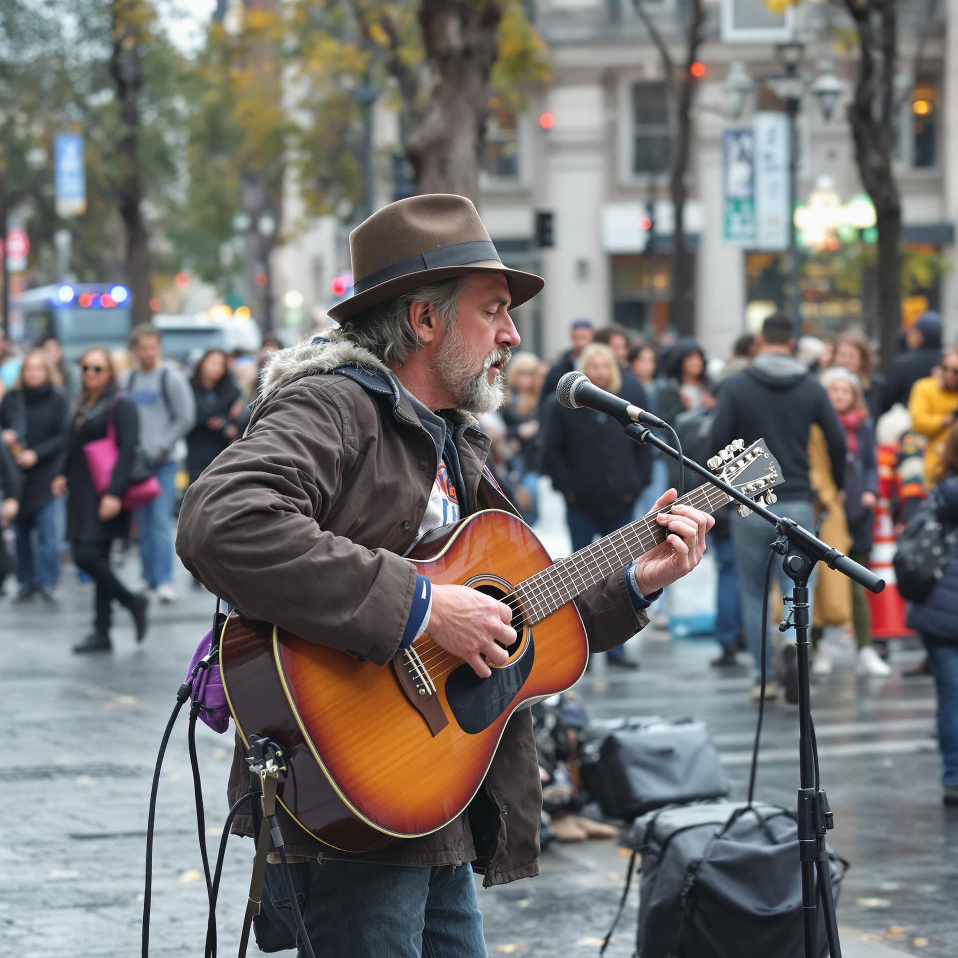 AI generated: Blues busker in windy city playing in front of a an energetic audience. No trash in the image.
Busk...