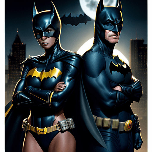 AI generated: eddie murphy as Batman and Halle berry as Batgirl and will smith as BAtman in red 