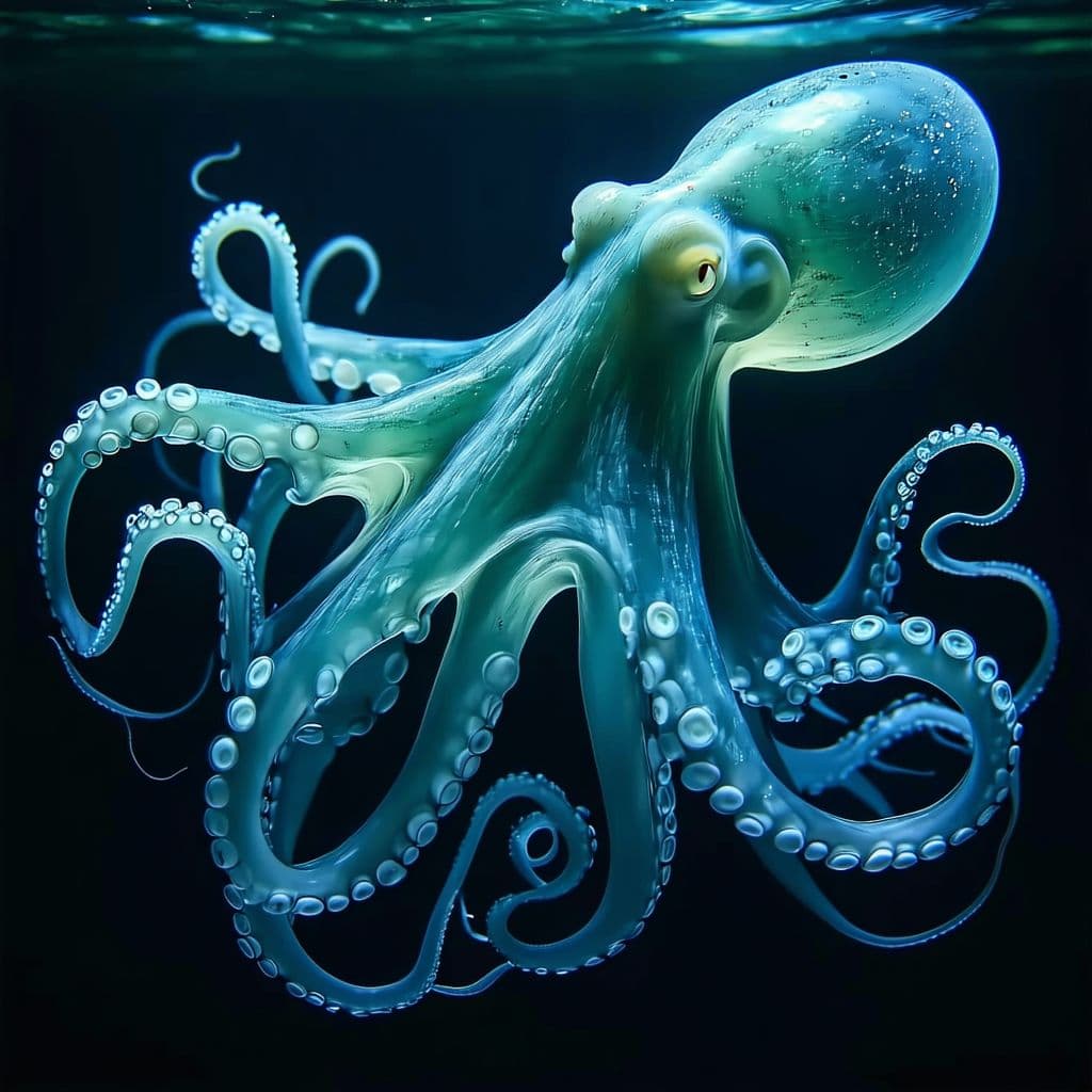 AI generated: Create a captivating image of a glass octopus floating gracefully in the dark depths of the ocean. T...